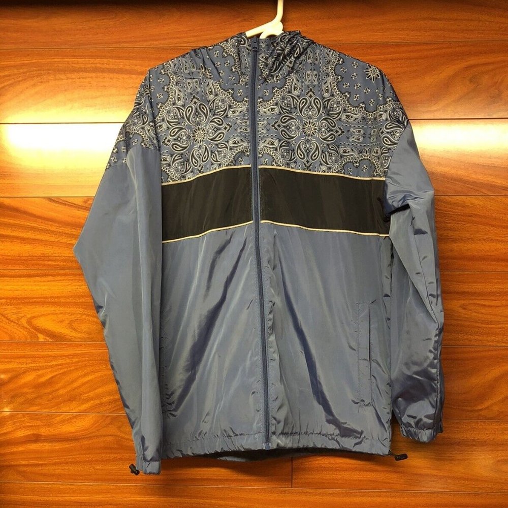 Original Use™ Men's Paisley blue bandana Zip-up Hooded Windbreaker Size S rain